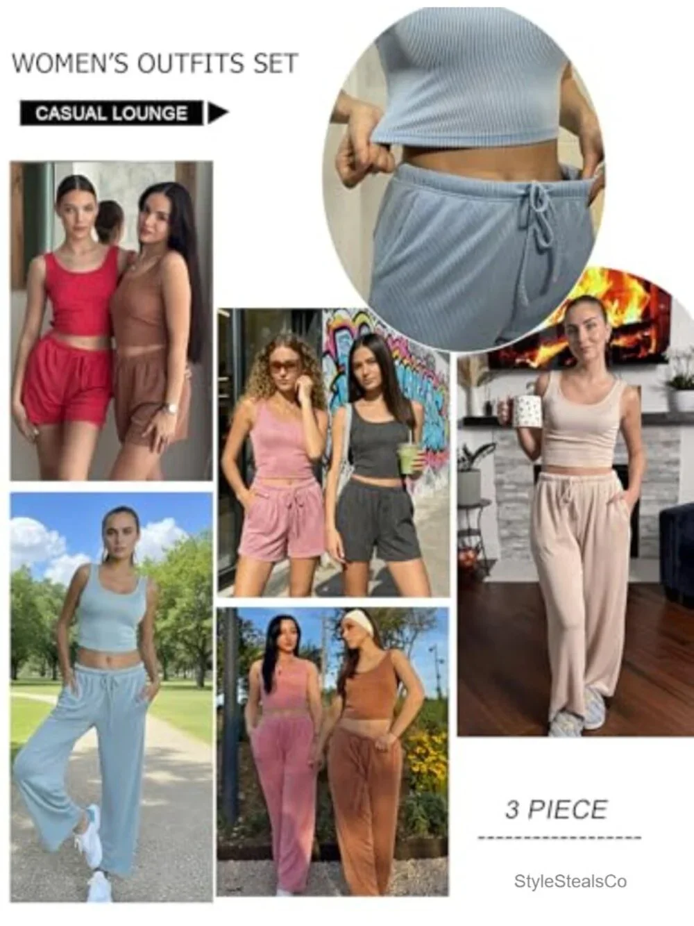 3-Piece Lounge Set Soft Twisted Rib Knit Crop Top Shorts & Pants